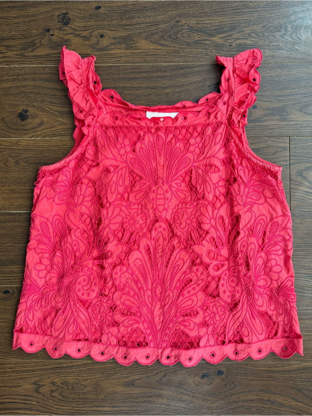 Anthropologie coral Embroidered Ruffled Strap top